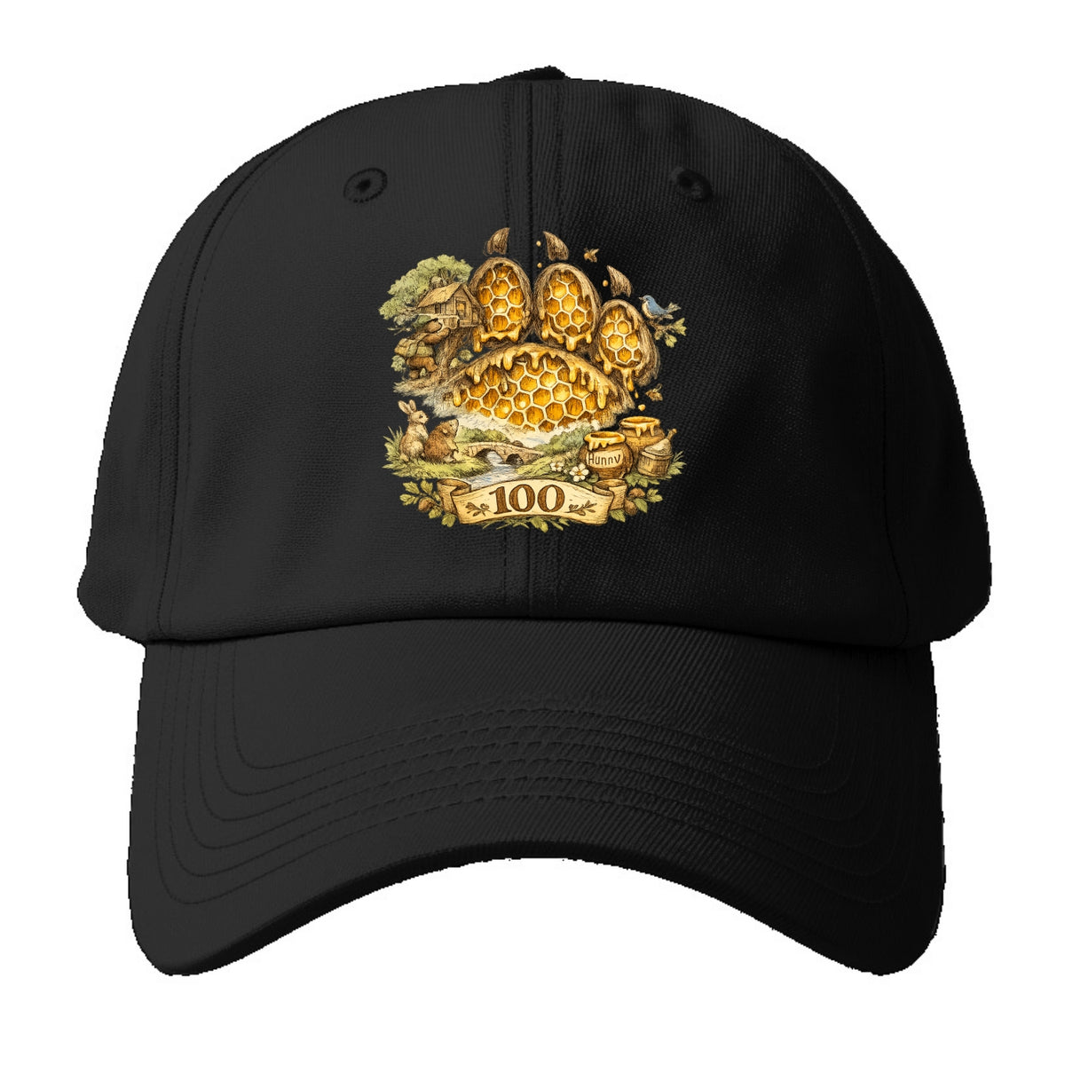 HONEY PAW | Bear paw print filled with honeycomb | Sticky evidence | Forest treasure - Baseball Cap - Black