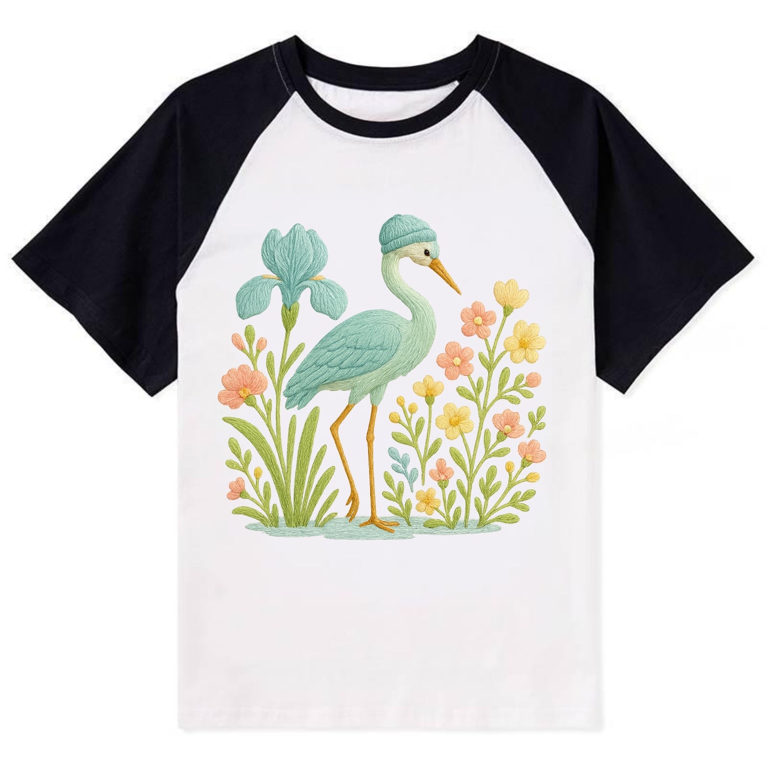 Mint Crane - Contrast Raglan T-shirt - Black