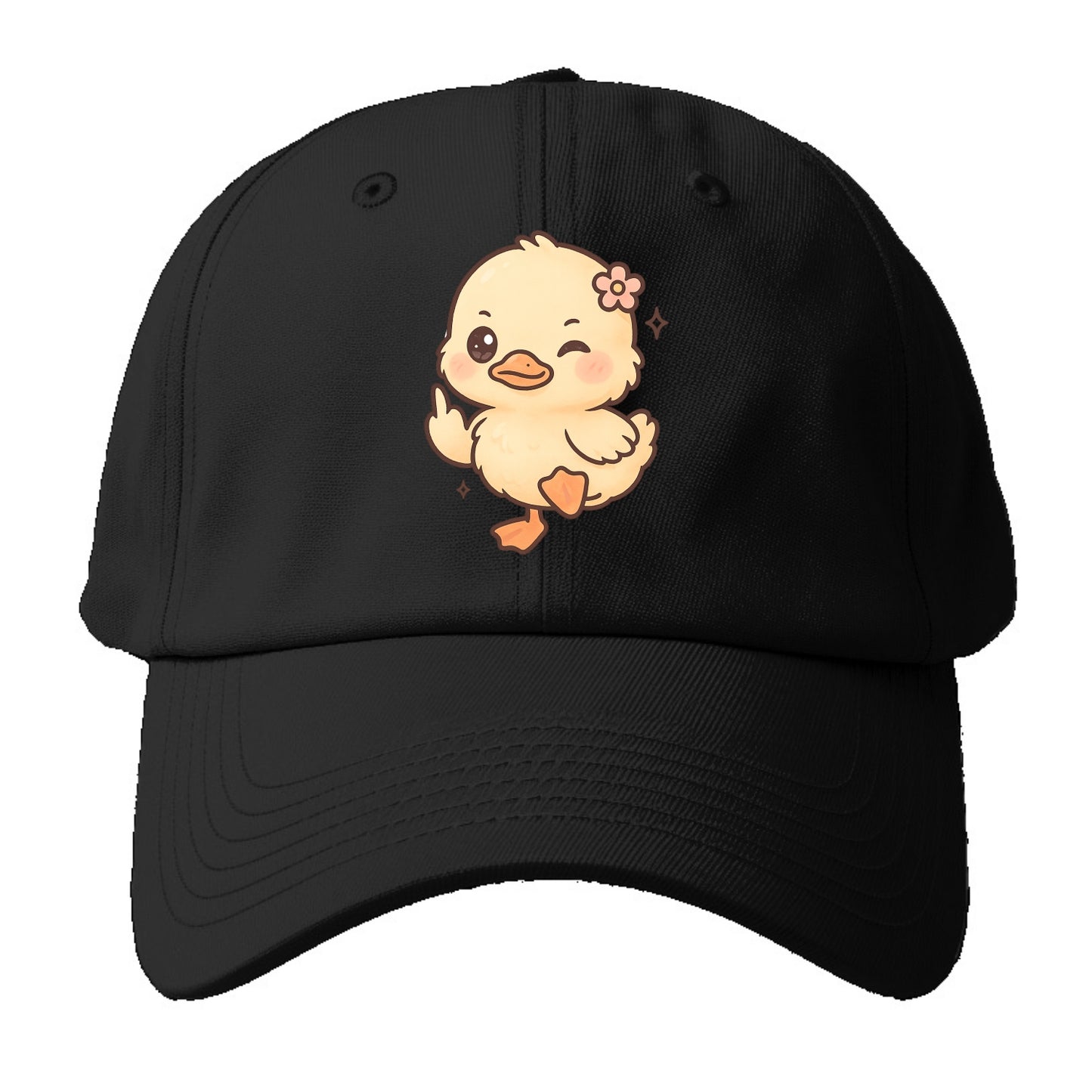 fluffy baby duck with small flower, one webbed foot raised sassily - Baseball Cap - Black