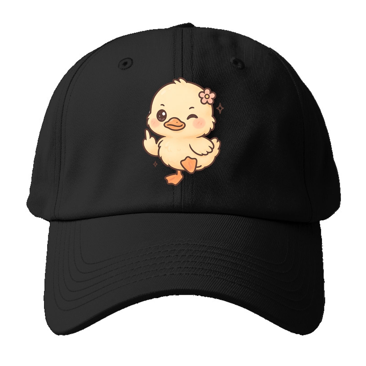 fluffy baby duck with small flower, one webbed foot raised sassily - Baseball Cap - Black