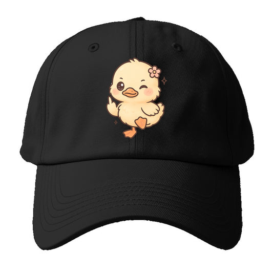 fluffy baby duck with small flower, one webbed foot raised sassily - Baseball Cap - Black