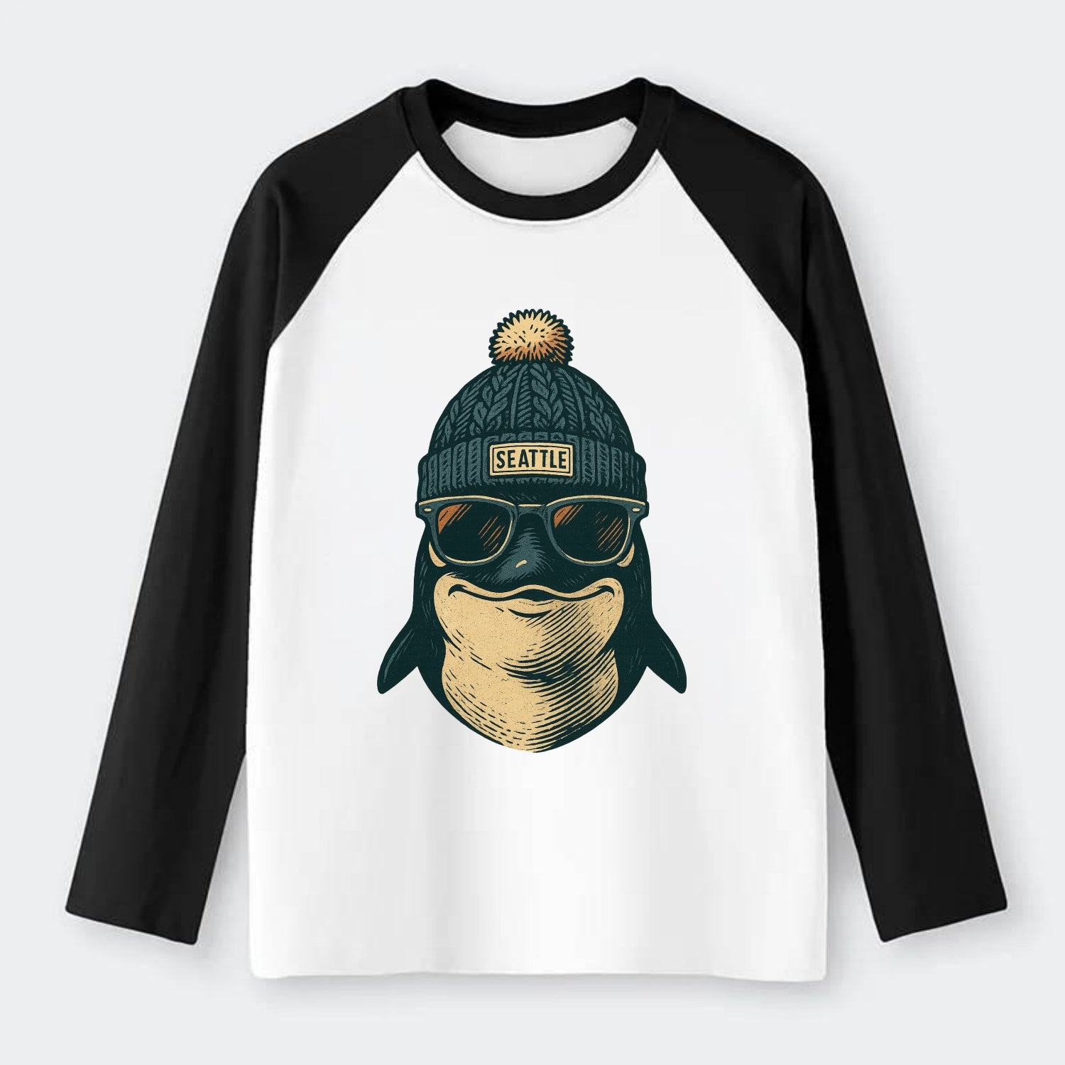 Washington Orca wearing Seattle beanie with pom pom and wayfarer - Raglan Long Sleeve T-Shirt - Black