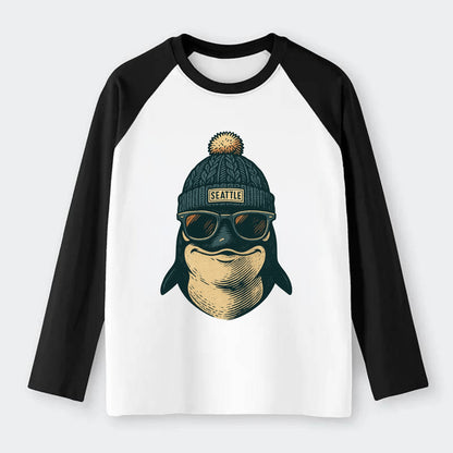 Washington Orca wearing Seattle beanie with pom pom and wayfarer - Raglan Long Sleeve T-Shirt - Black