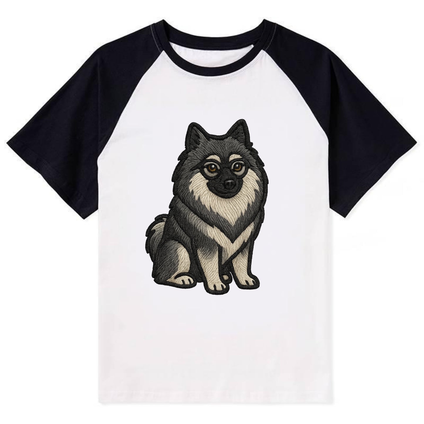Keeshond - Gray and black spectacles embroidered design - Contrast Raglan T-shirt - Black