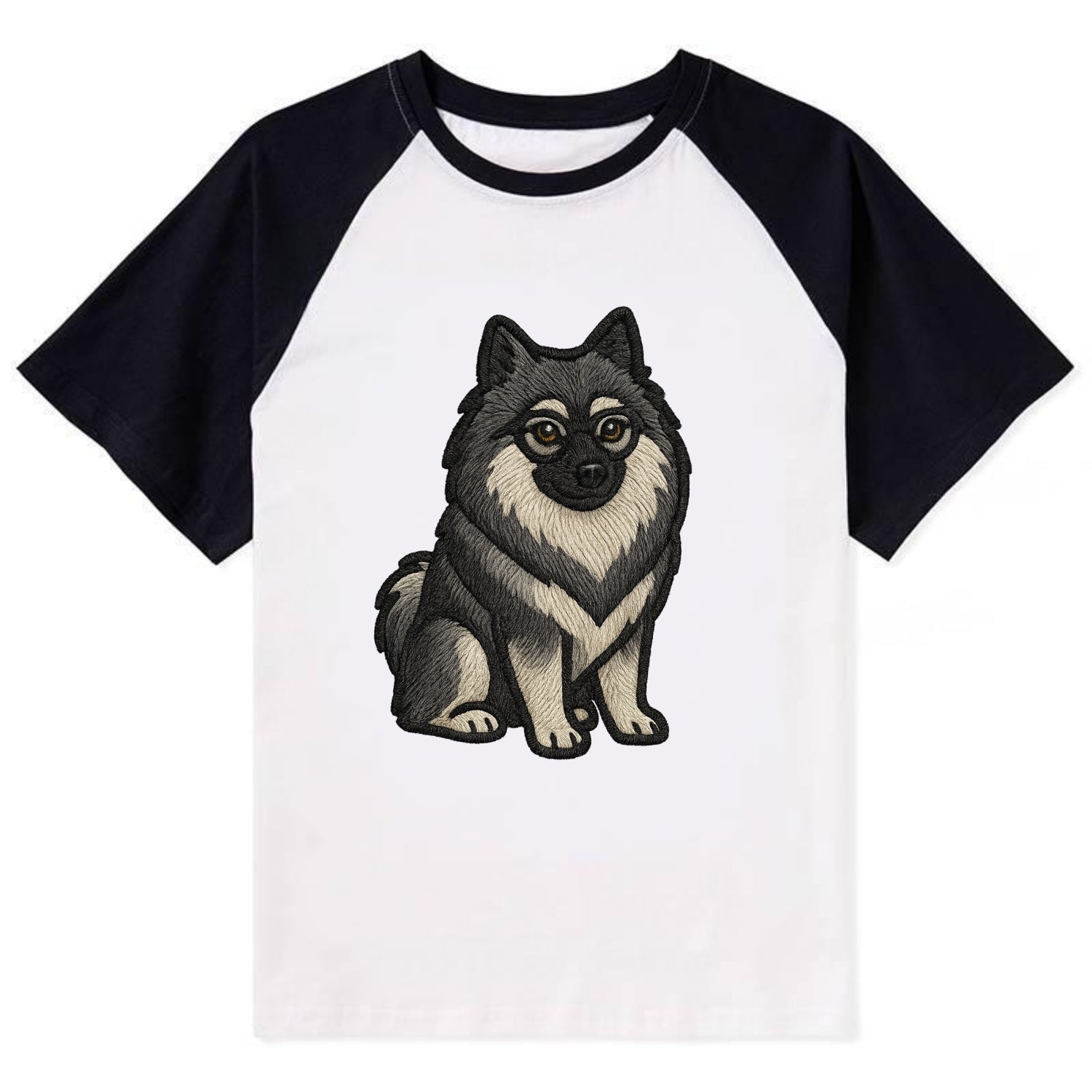 Keeshond - Gray and black spectacles embroidered design - Contrast Raglan T-shirt - Black