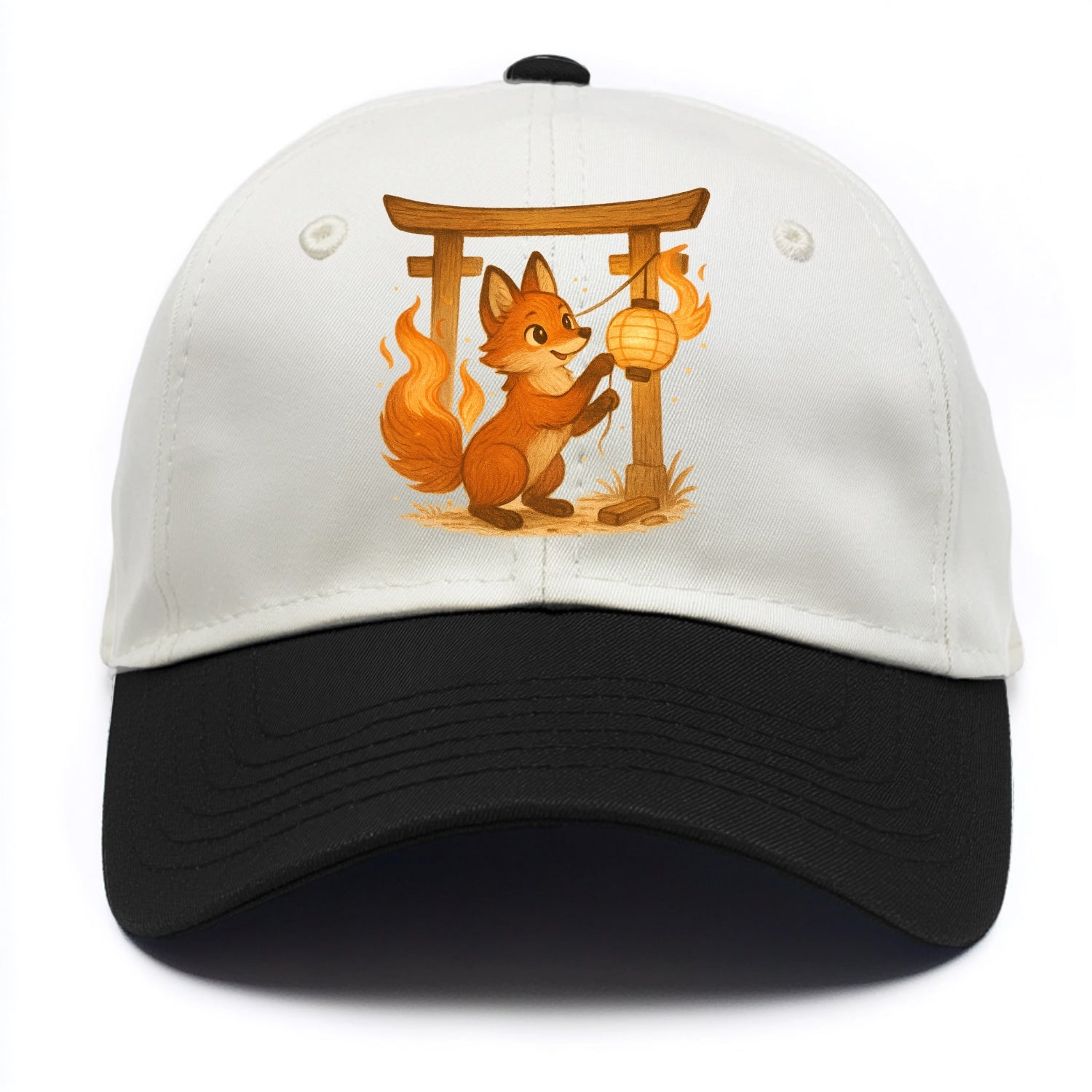 Foxfire kitsune stringing lanterns along a torii gate with tails of living flame - Two Tone Cap - Black