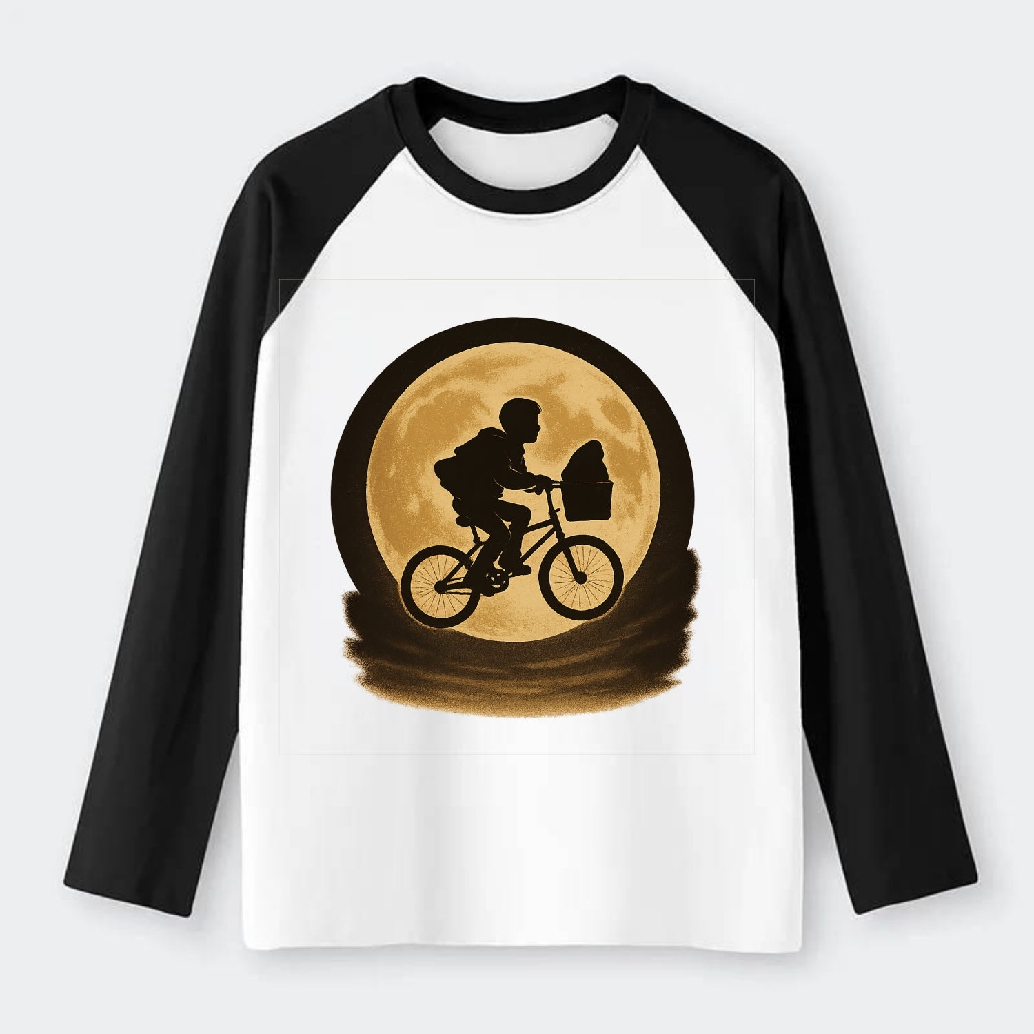 boy with bicycle flying across full moon with silhouette - Raglan Long Sleeve T-Shirt - Black