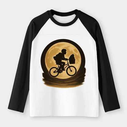 boy with bicycle flying across full moon with silhouette - Raglan Long Sleeve T-Shirt - Black