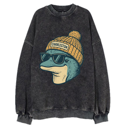 Charleston Dolphin wearing Charleston beanie with pom pom and wayfarer - Vintage Sweatshirt - Black