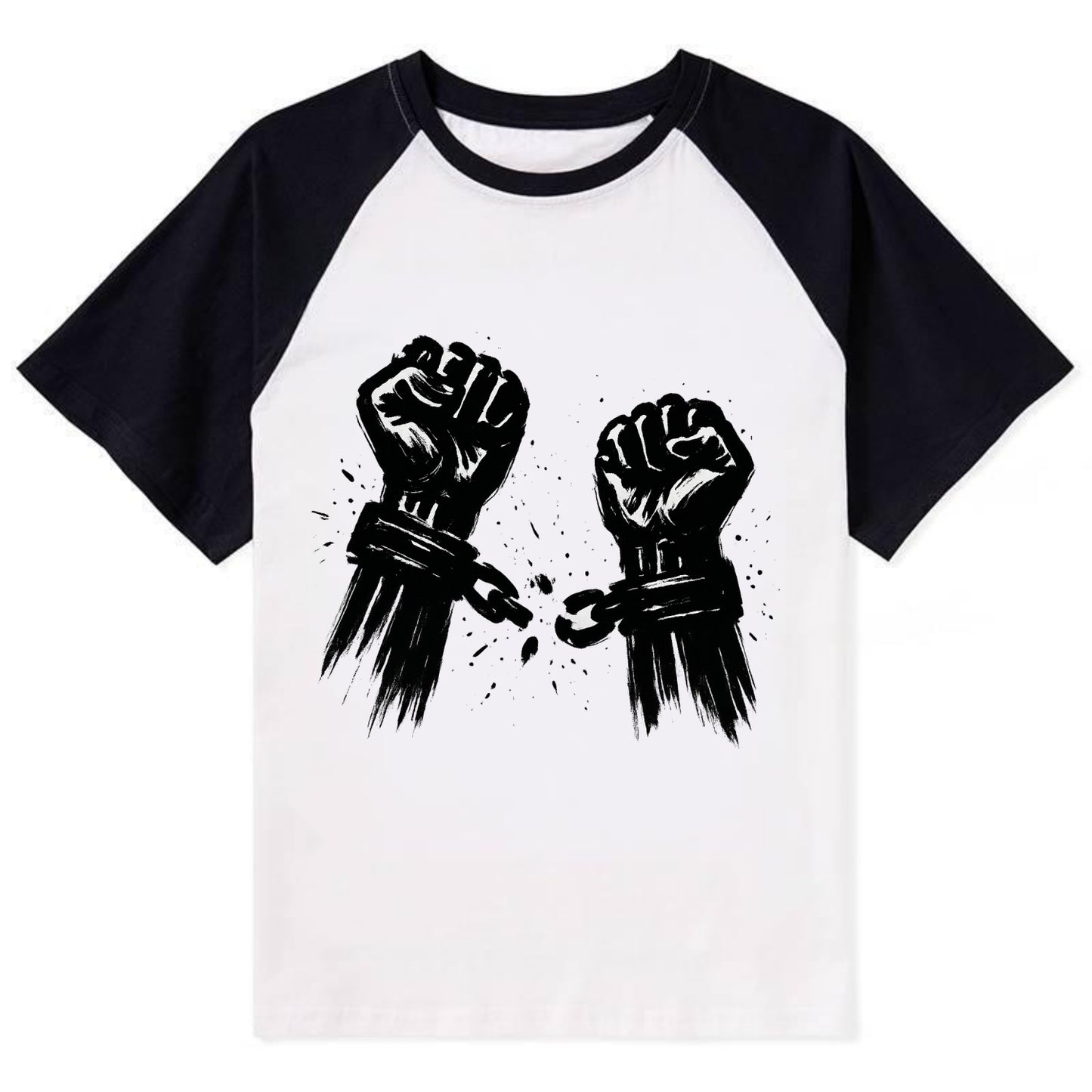 Two raised fists breaking chains - liberation and freedom ink painting - Contrast Raglan T-shirt - Black