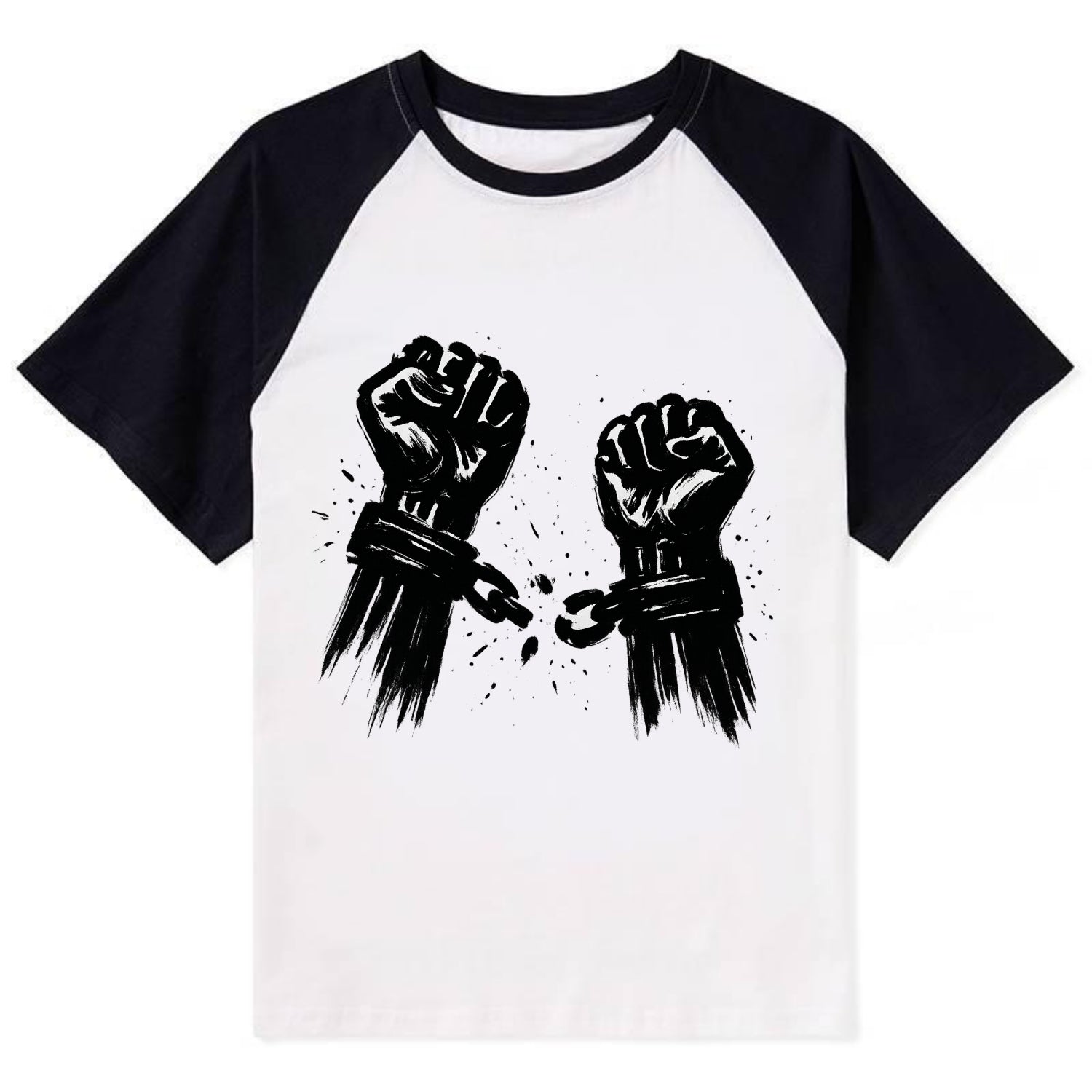 Two raised fists breaking chains - liberation and freedom ink painting - Contrast Raglan T-shirt - Black