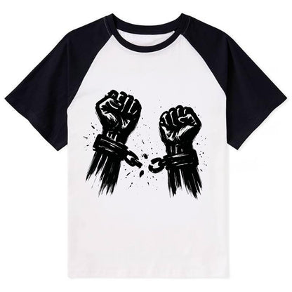 Two raised fists breaking chains - liberation and freedom ink painting - Contrast Raglan T-shirt - Black