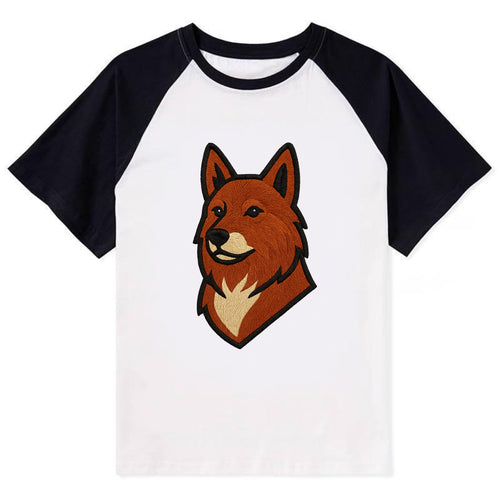 Finnish Spitz - Fox-red pointed ears embroidered pose - Contrast Raglan T-shirt