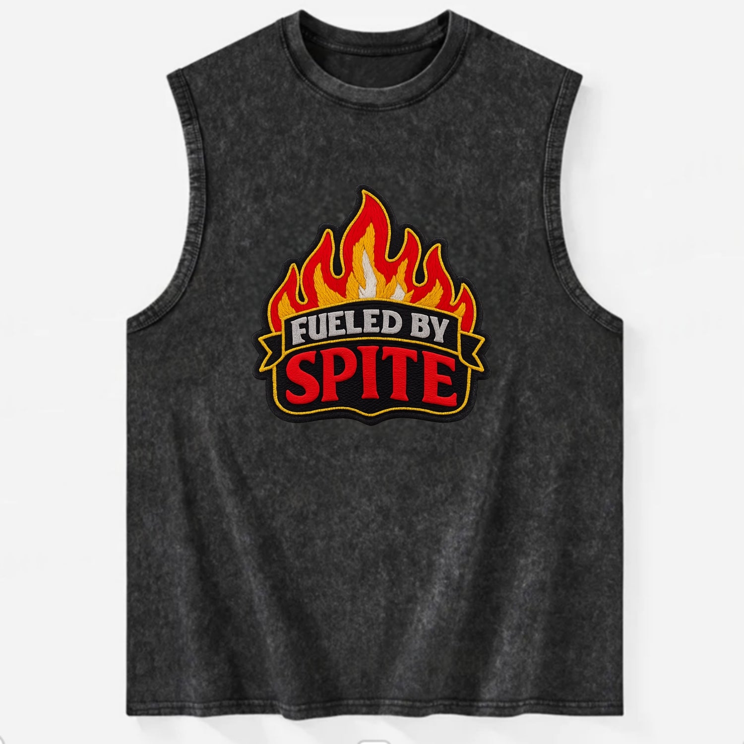 FUELED BY SPITE - fire with text in black and red , petty motivation - Vintage Washed Tank - Black