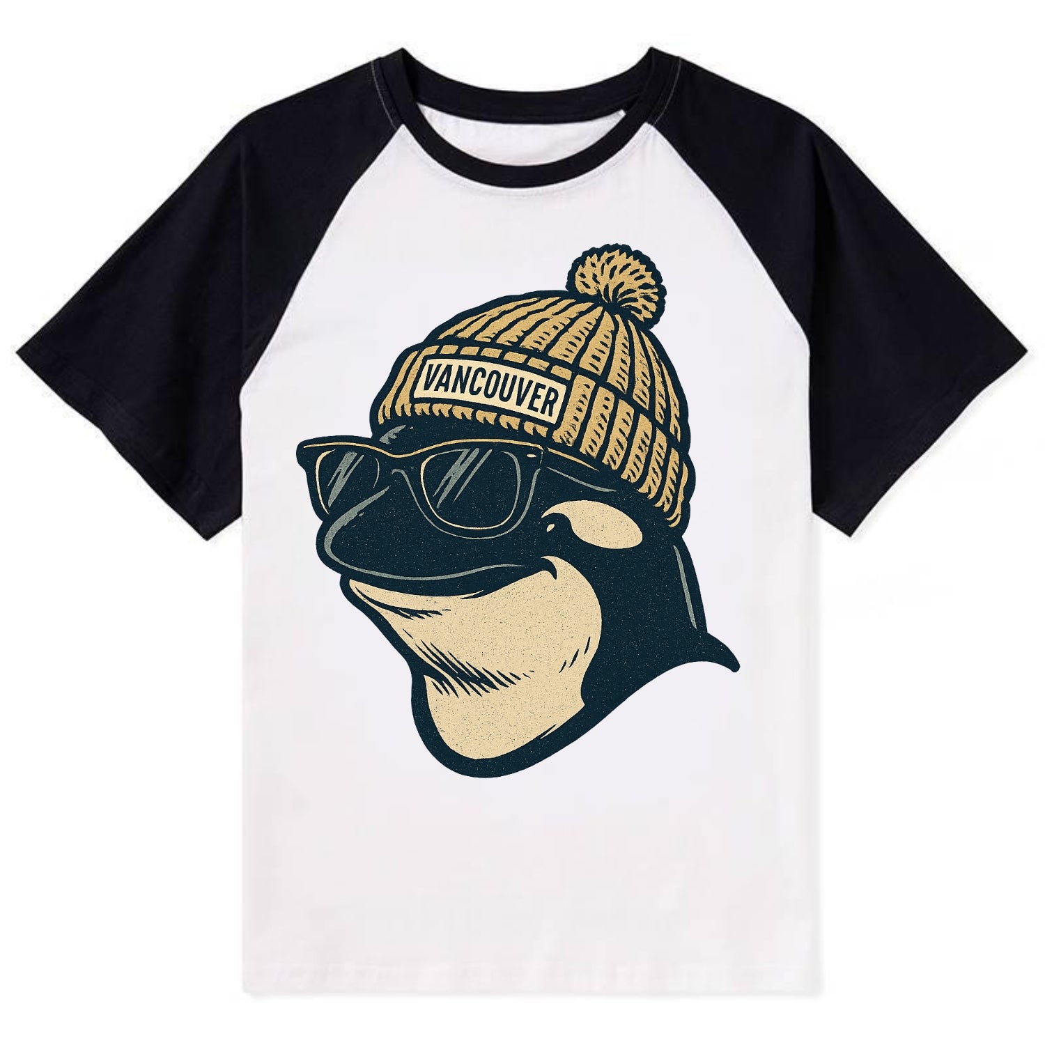 Vancouver Orca wearing Vancouver beanie - Contrast Raglan T-shirt - Black