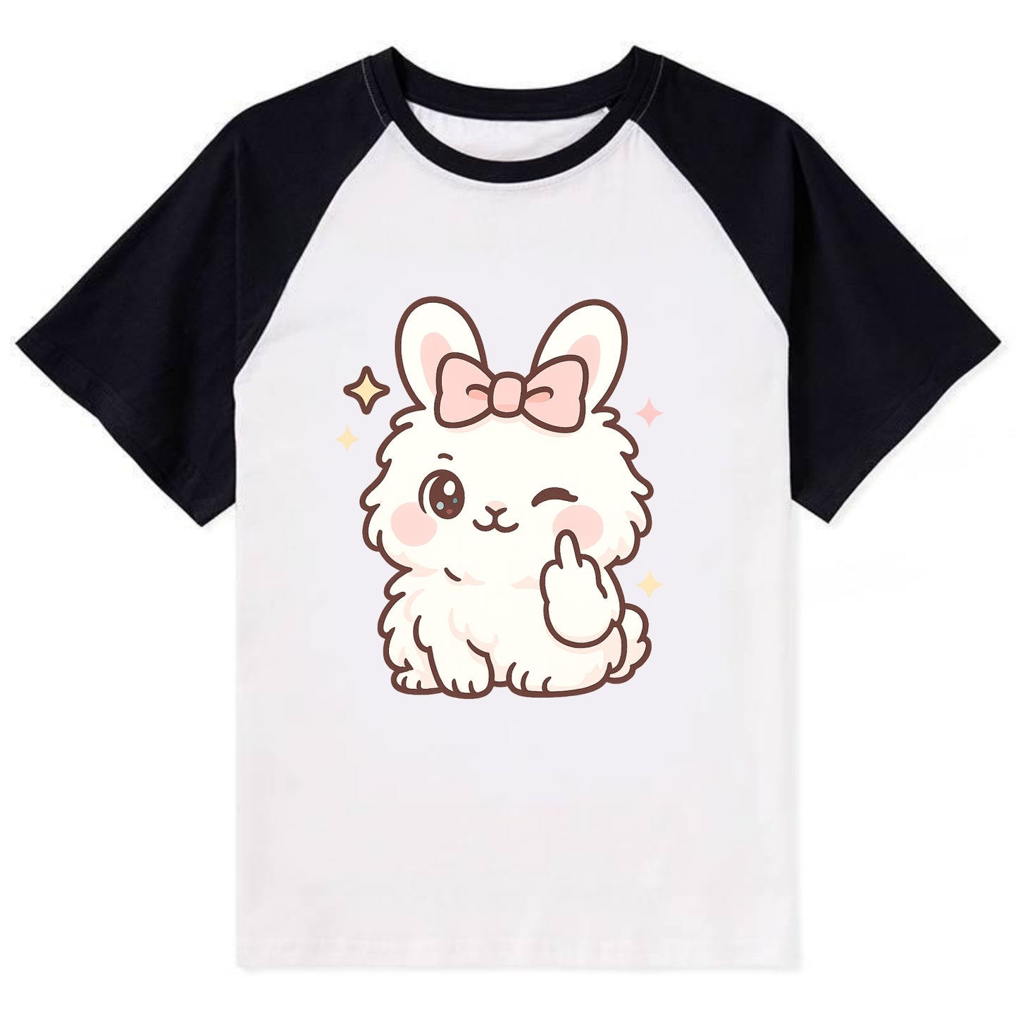 fluffy white angora rabbit with pink bow, one paw delicately flipping off - Contrast Raglan T-shirt - Black