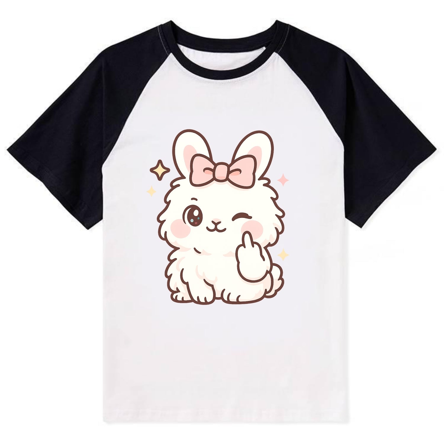 fluffy white angora rabbit with pink bow, one paw delicately flipping off - Contrast Raglan T-shirt - Black