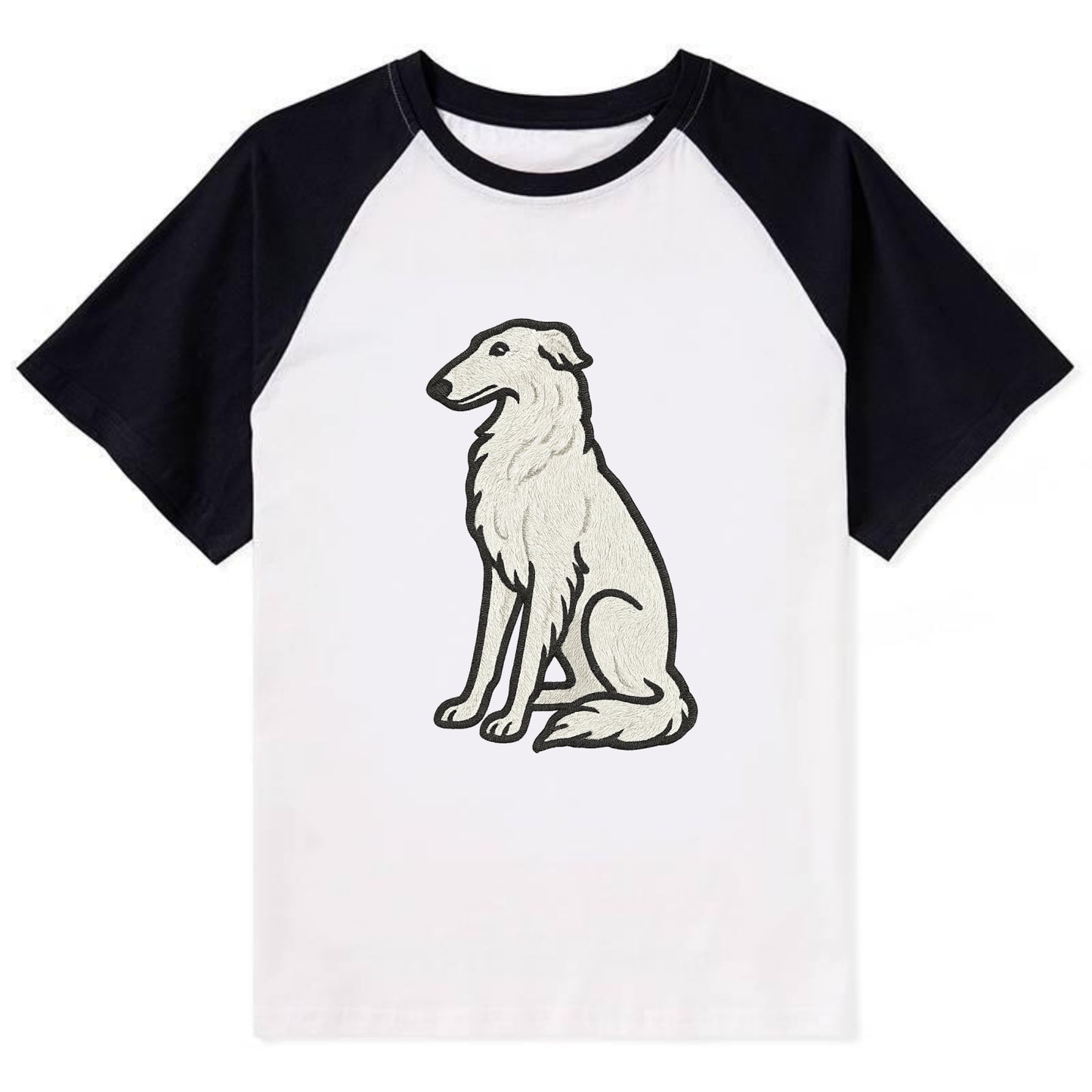Borzoi - White embroidered sitting pose - Contrast Raglan T-shirt - Black