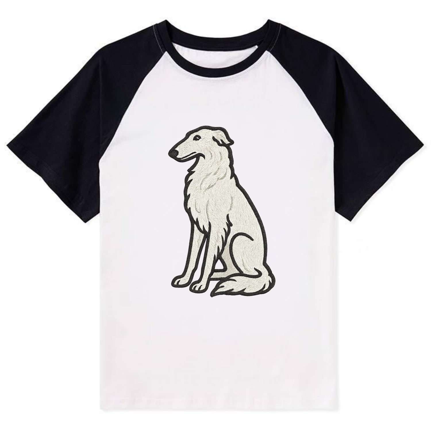 Borzoi - White embroidered sitting pose - Contrast Raglan T-shirt - Black