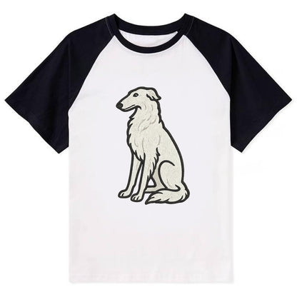 Borzoi - White embroidered sitting pose - Contrast Raglan T-shirt - Black