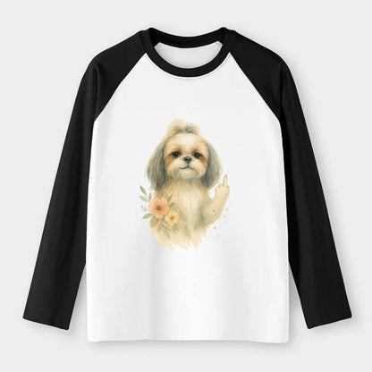 Shih Tzu with long flowing silky hair, tiny paw showing attitude - Raglan Long Sleeve T-Shirt - Black