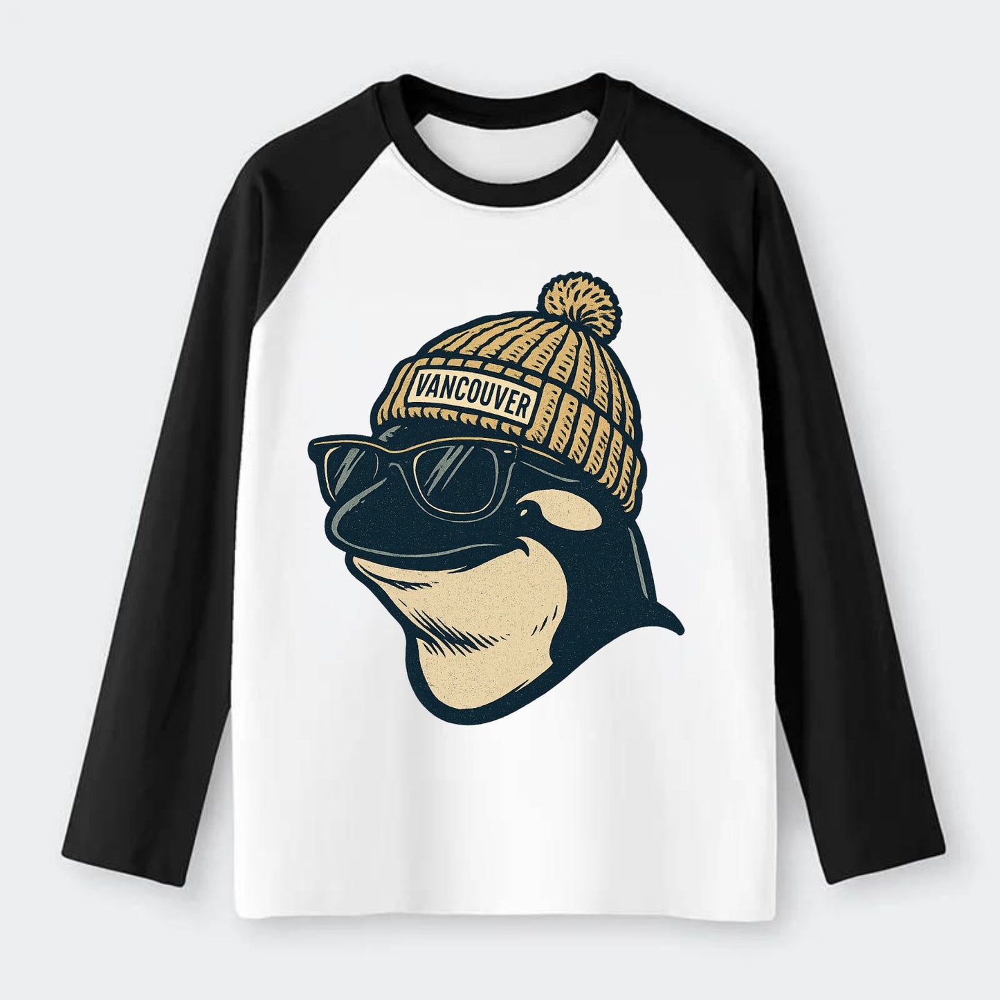 Vancouver Orca wearing Vancouver beanie - Raglan Long Sleeve T-Shirt - Black