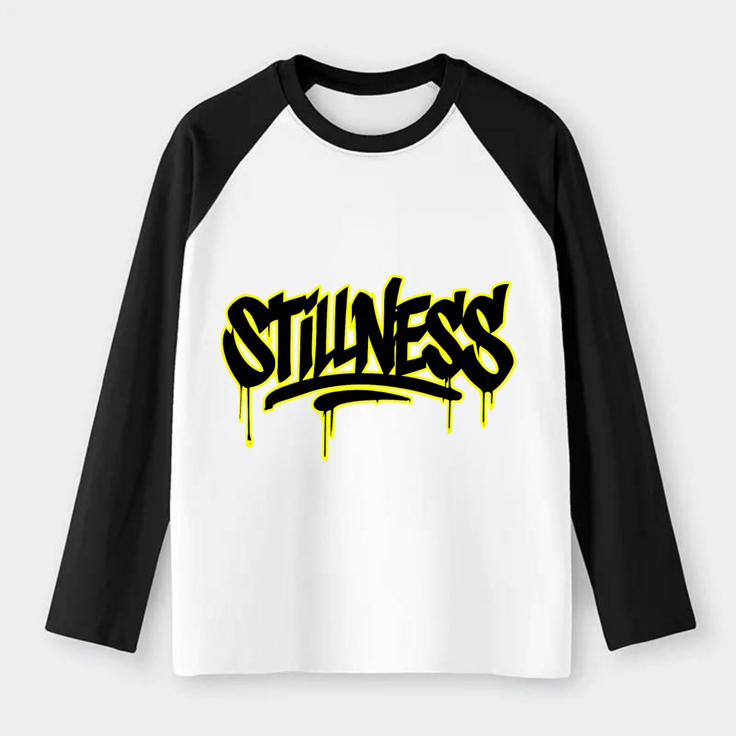 Bold typography design - "STILLNESS" - quiet power, peaceful presence - Raglan Long Sleeve T-Shirt - Black