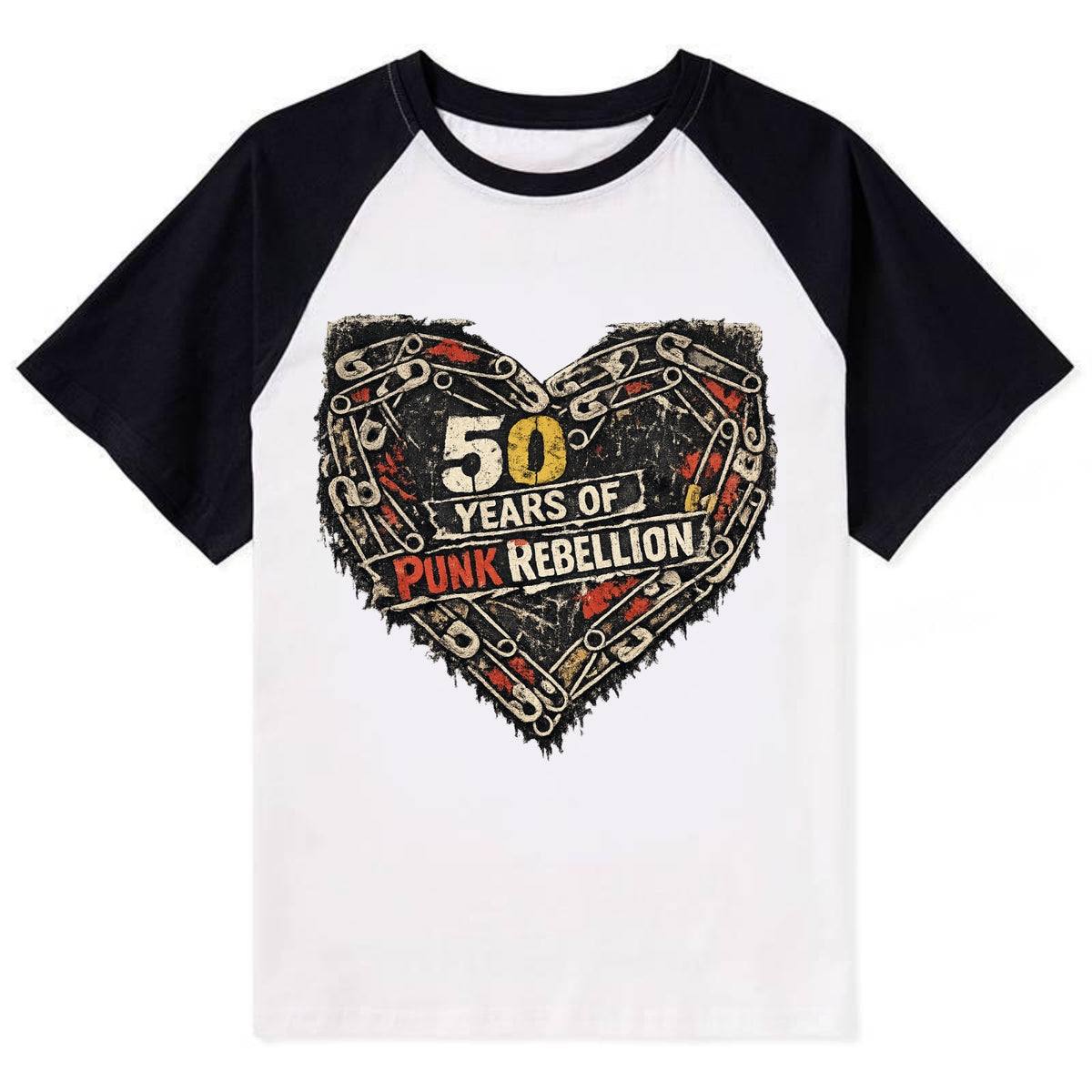 SAFETY PIN LOVE | Heart made of safety pins | Punk romance | DIY jewelry - Contrast Raglan T-shirt - Black