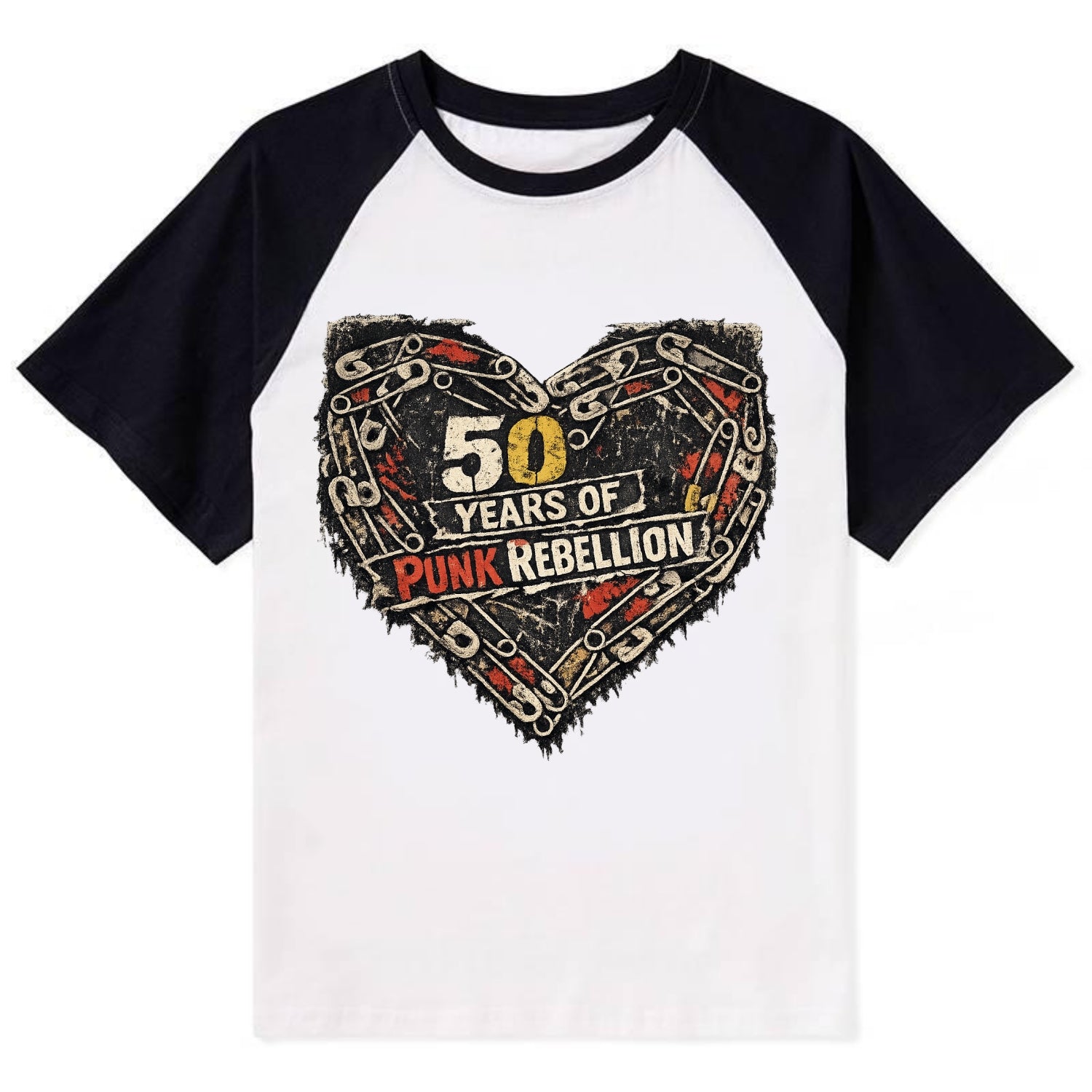 SAFETY PIN LOVE | Heart made of safety pins | Punk romance | DIY jewelry - Contrast Raglan T-shirt - Black