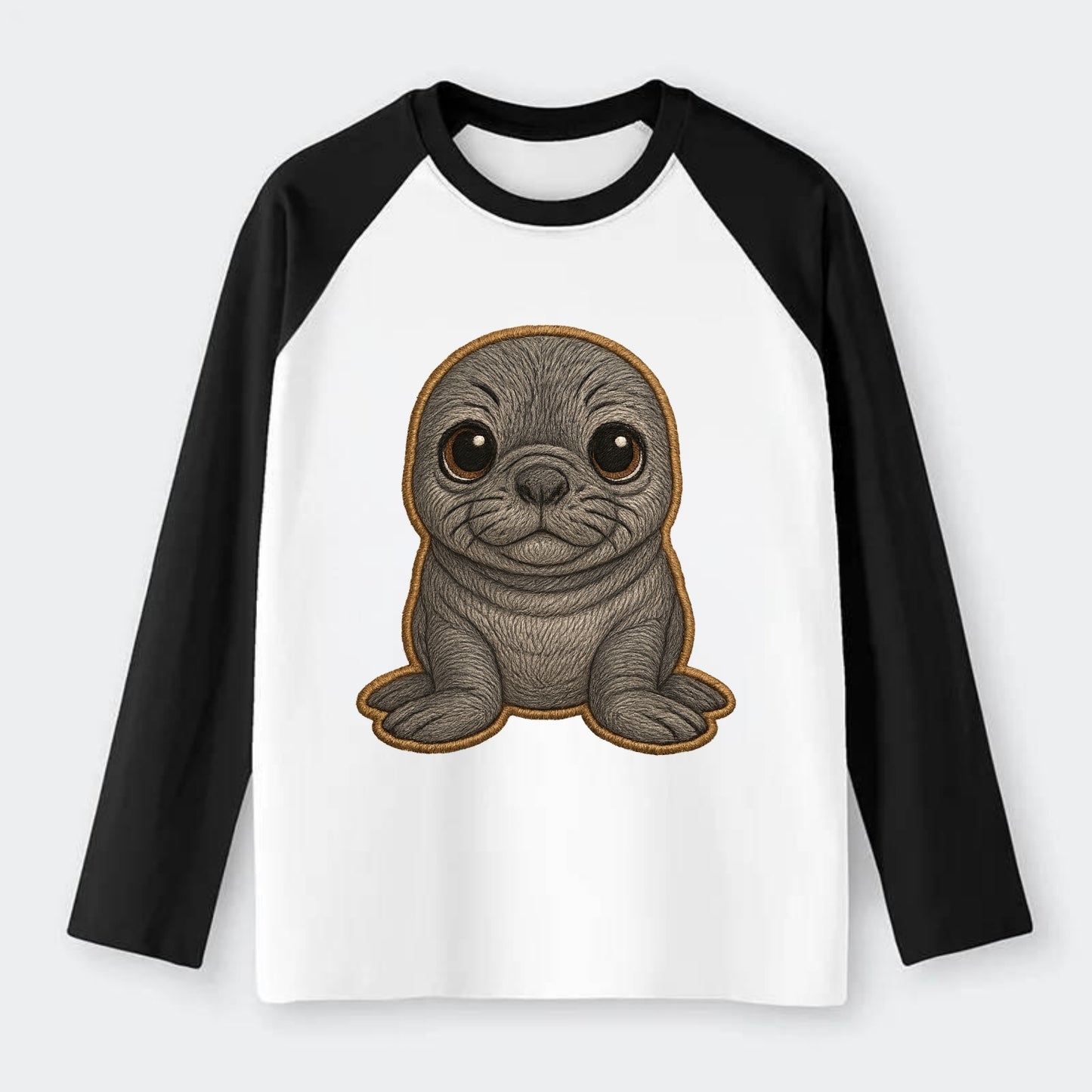 Baby Elephant Seal - gray wrinkly, tiny trunk nose, big dark eyes, - Raglan Long Sleeve T-Shirt - Black