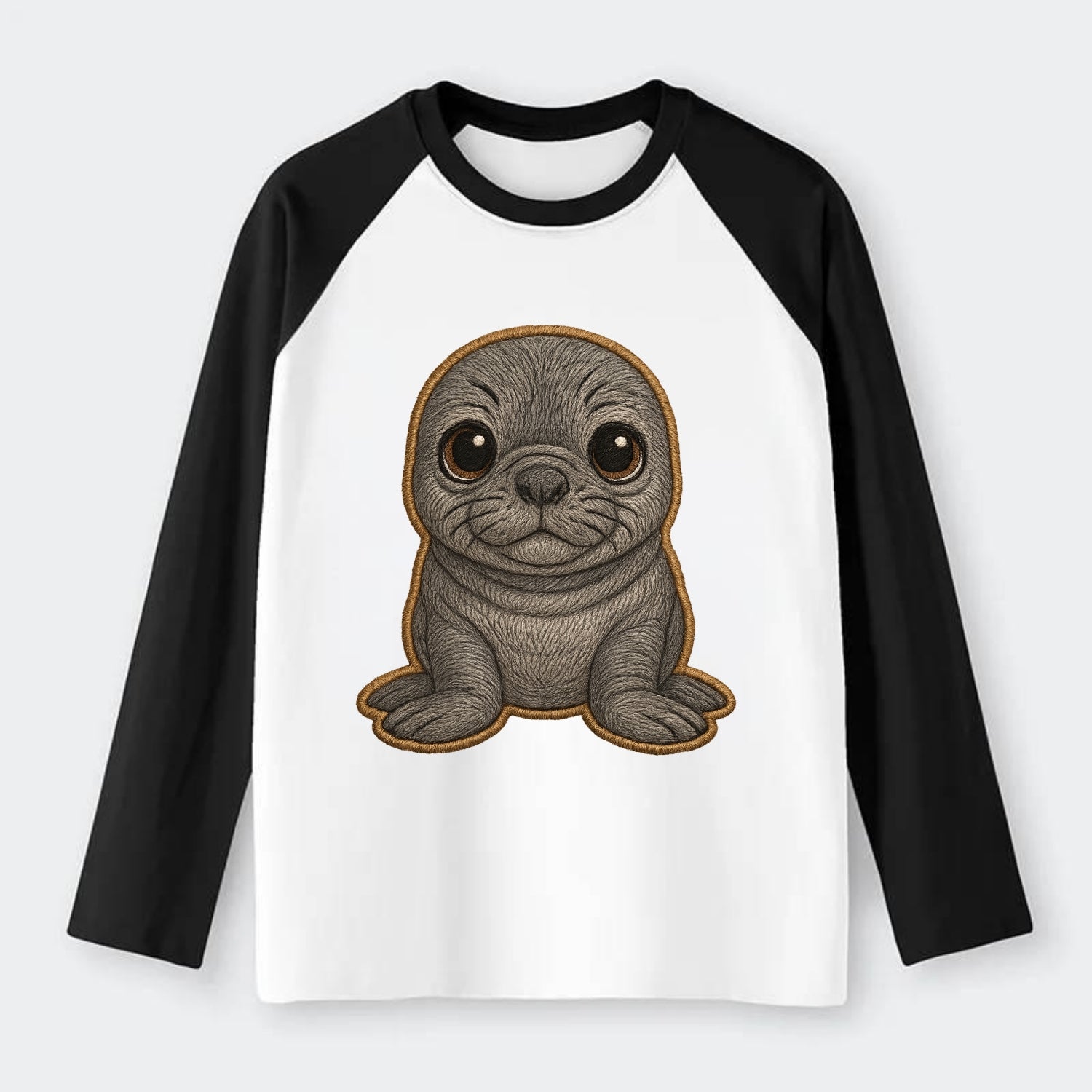 Baby Elephant Seal - gray wrinkly, tiny trunk nose, big dark eyes, - Raglan Long Sleeve T-Shirt - Black