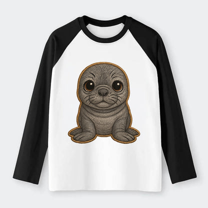 Baby Elephant Seal - gray wrinkly, tiny trunk nose, big dark eyes, - Raglan Long Sleeve T-Shirt - Black