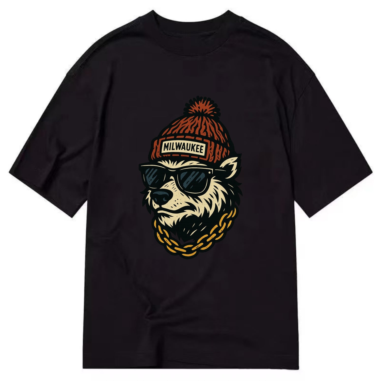 Milwaukee Badger wearing Milwaukee beanie with pom pom and wayfarer sunglasses - Classic T-shirt - Black