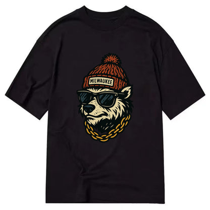 Milwaukee Badger wearing Milwaukee beanie with pom pom and wayfarer sunglasses - Classic T-shirt - Black