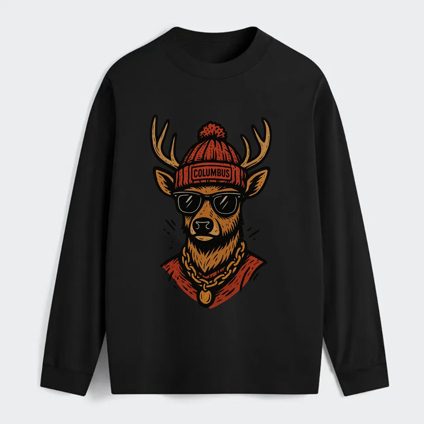 Columbus White-tailed Deer wearing Columbus beanie with pom pom and - Classic Long Sleeve Shirt - Black
