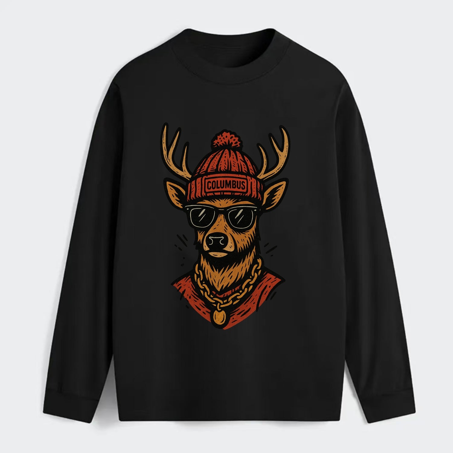 Columbus White-tailed Deer wearing Columbus beanie with pom pom and - Classic Long Sleeve Shirt - Black