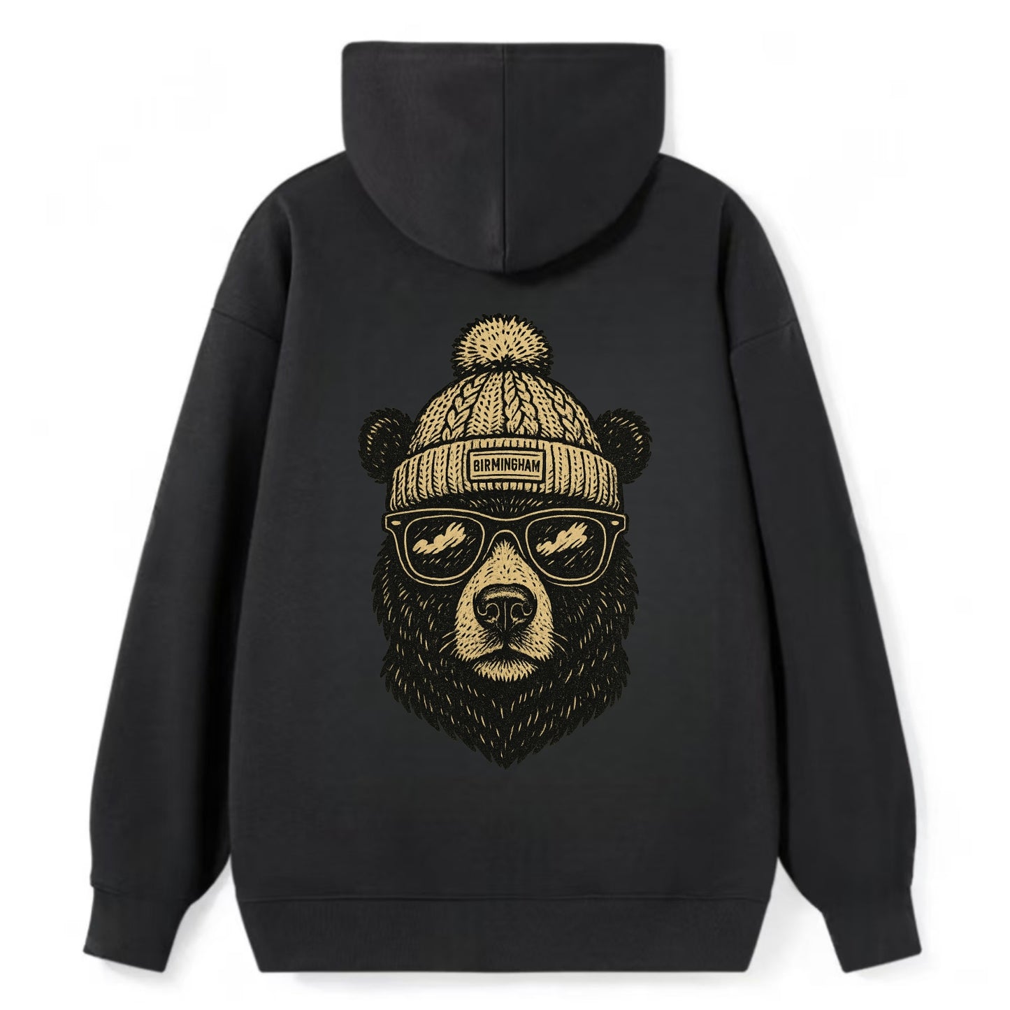 Alabama Black Bear wearing Birmingham beanie with pom pom and wayfarer - Classic Pullover Hoodie - Black