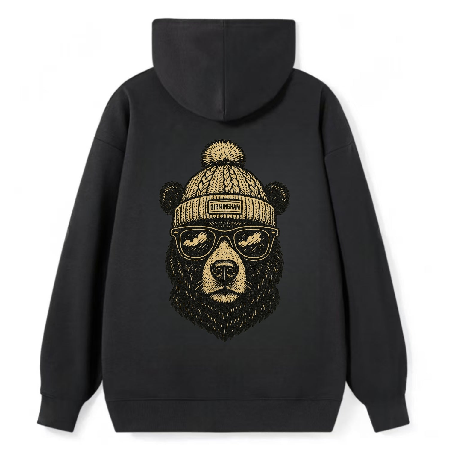 Alabama Black Bear wearing Birmingham beanie with pom pom and wayfarer - Classic Pullover Hoodie - Black