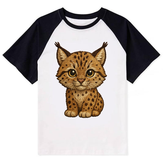 Baby Lynx Cub - tufted ears, spotted fur, golden eyes, front-facing, wild - Contrast Raglan T-shirt - Black