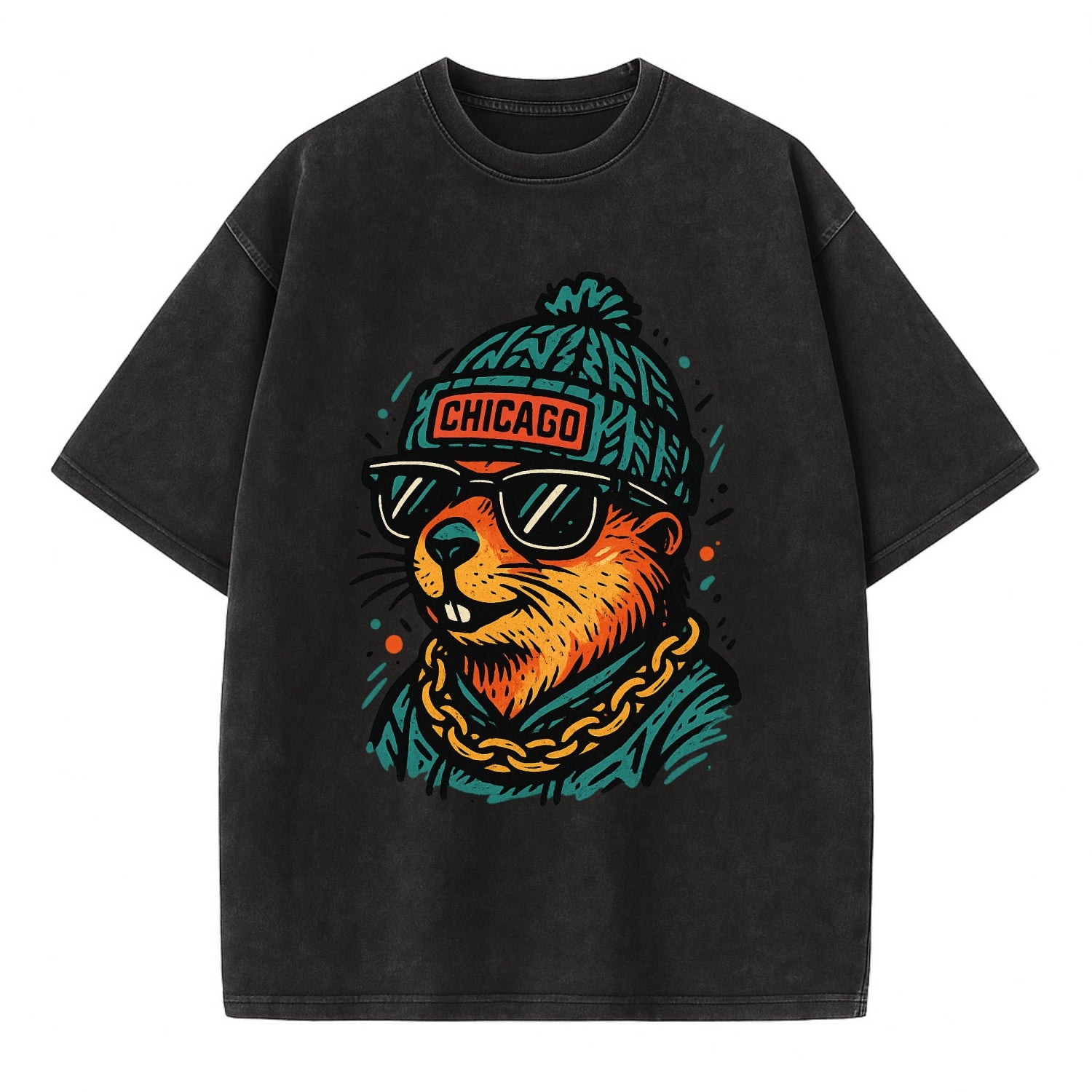 Illinois Prairie Dog wearing Chicago beanie with pom pom and wayfarer sunglasses - Vintage T-shirt - Black