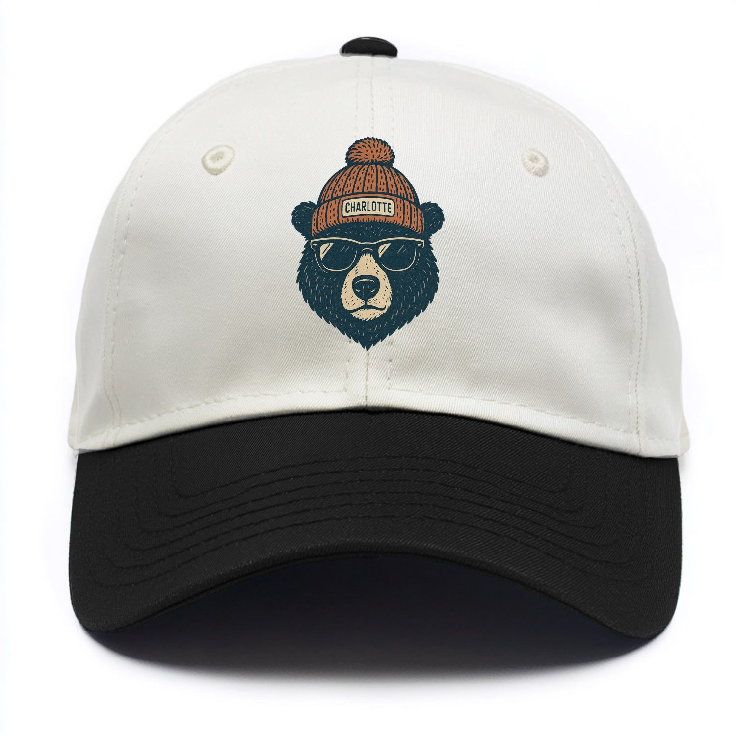 North Carolina Black Bear wearing Charlotte beanie with pom pom and wayfarer - Two Tone Cap - Black
