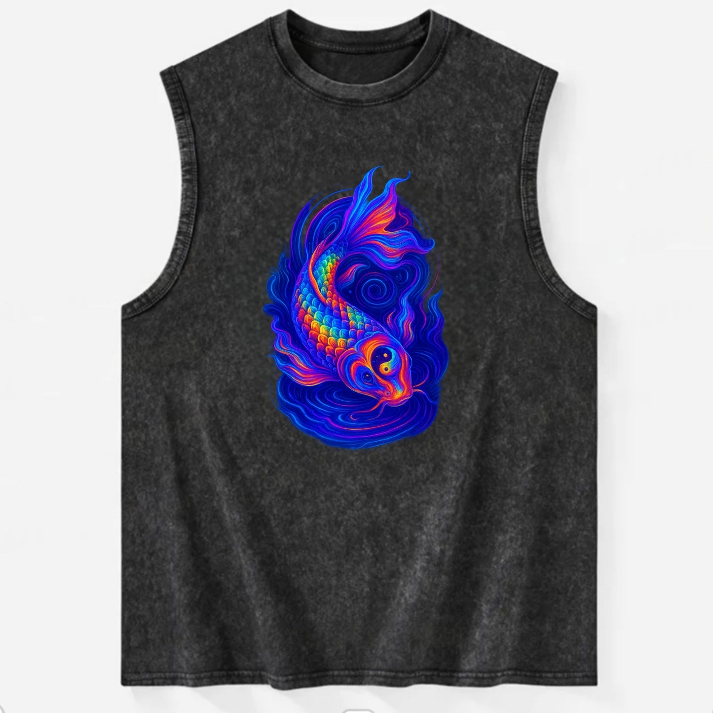 Sacred koi with scales reflecting rainbow prisms, yin-yang patterns in cosmic - Vintage Washed Tank - Black