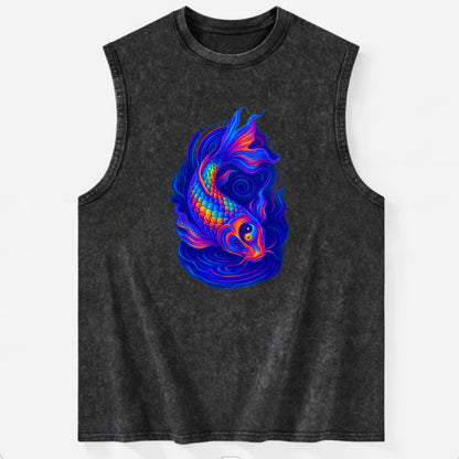 Sacred koi with scales reflecting rainbow prisms, yin-yang patterns in cosmic - Vintage Washed Tank - Black