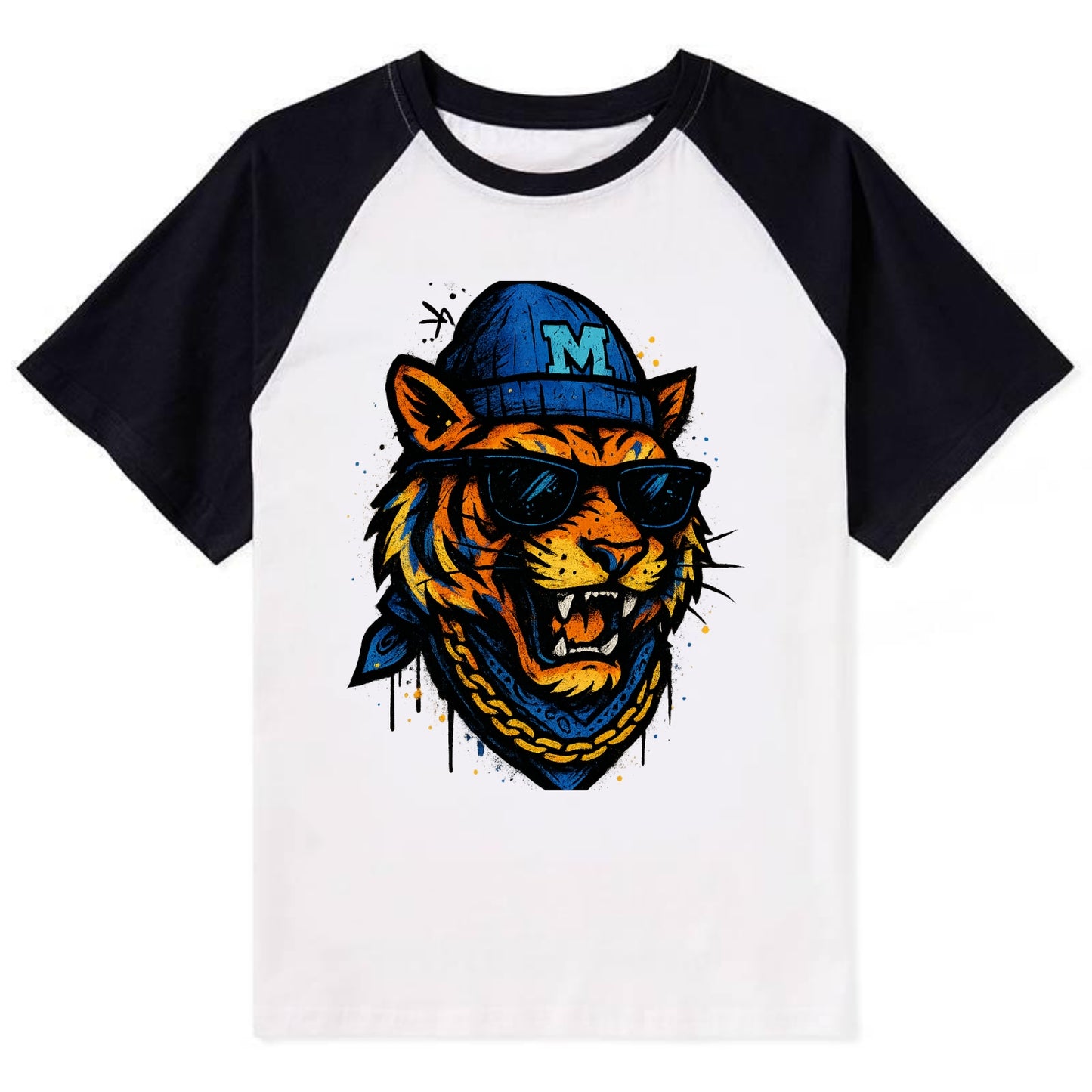 Memphis Tiger wearing Memphis beanie with M patch - Contrast Raglan T-shirt - Black