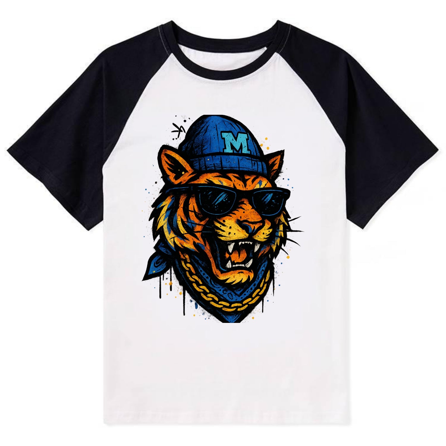 Memphis Tiger wearing Memphis beanie with M patch - Contrast Raglan T-shirt - Black