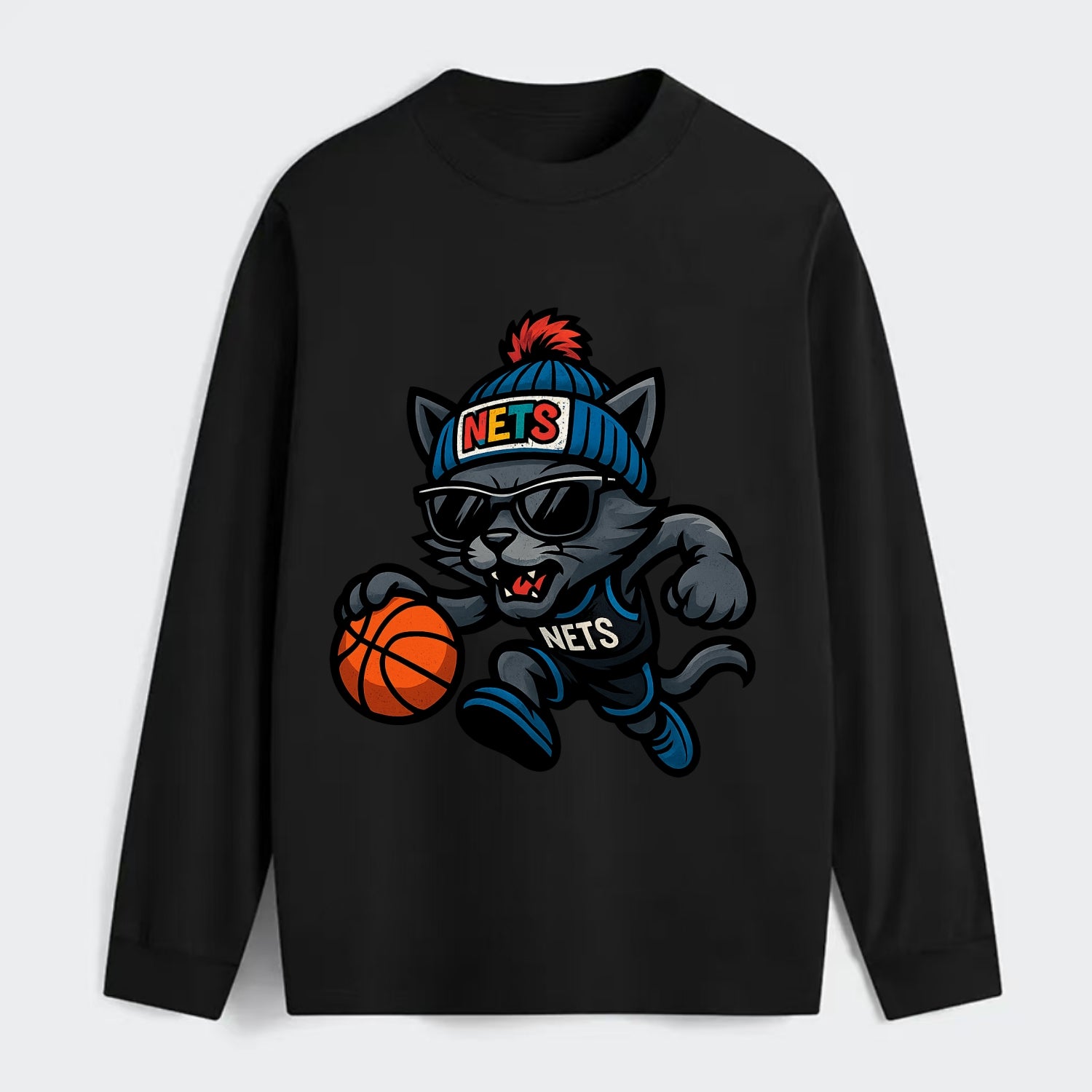 Brooklyn Cat wearing Nets beanie with street art patch and wayfarer - Classic Long Sleeve Shirt - Black