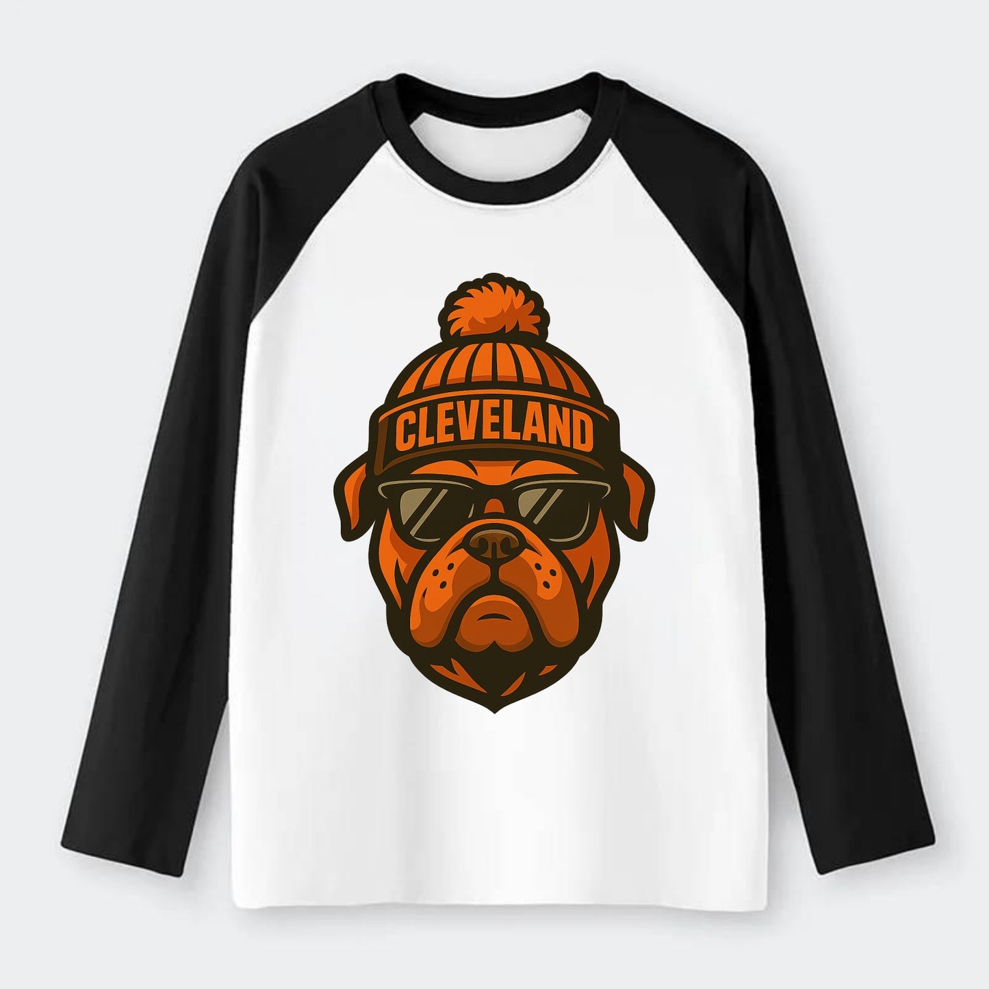 Cleveland Bulldog wearing Browns orange and brown beanie with pom pom - Raglan Long Sleeve T-Shirt - Black
