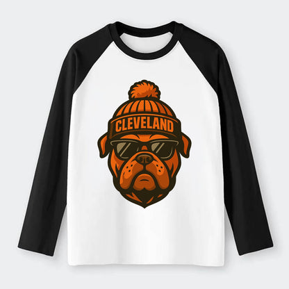 Cleveland Bulldog wearing Browns orange and brown beanie with pom pom - Raglan Long Sleeve T-Shirt - Black