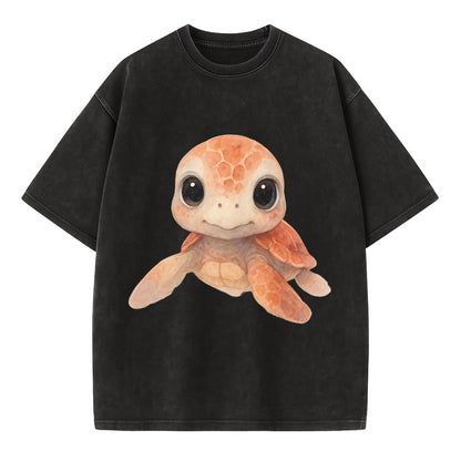 Baby Loggerhead Turtle - reddish-brown shell, big round dark eyes, chunky head, - Vintage T-shirt - Black