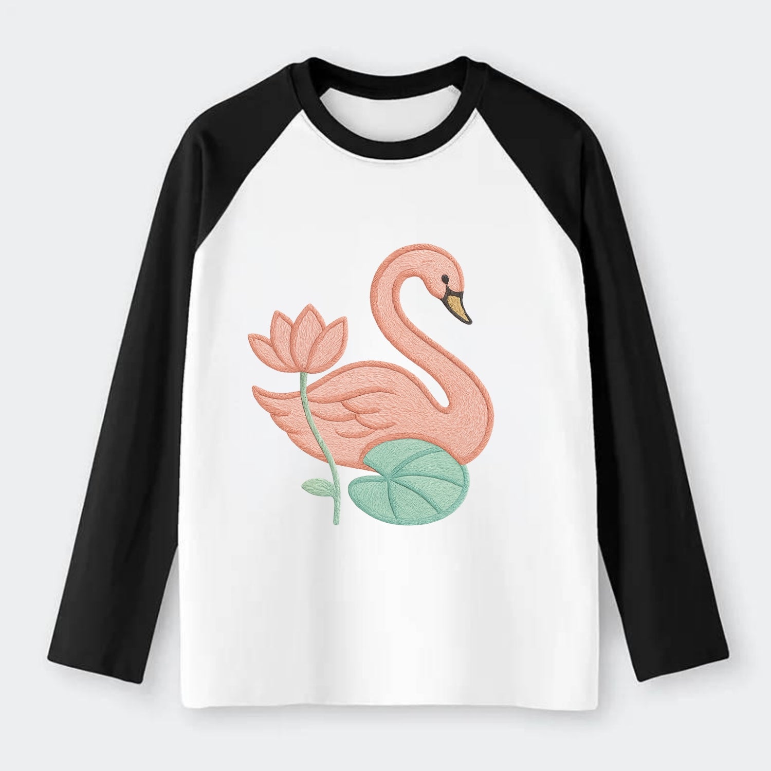 Coral Swan - Raglan Long Sleeve T-Shirt - Black